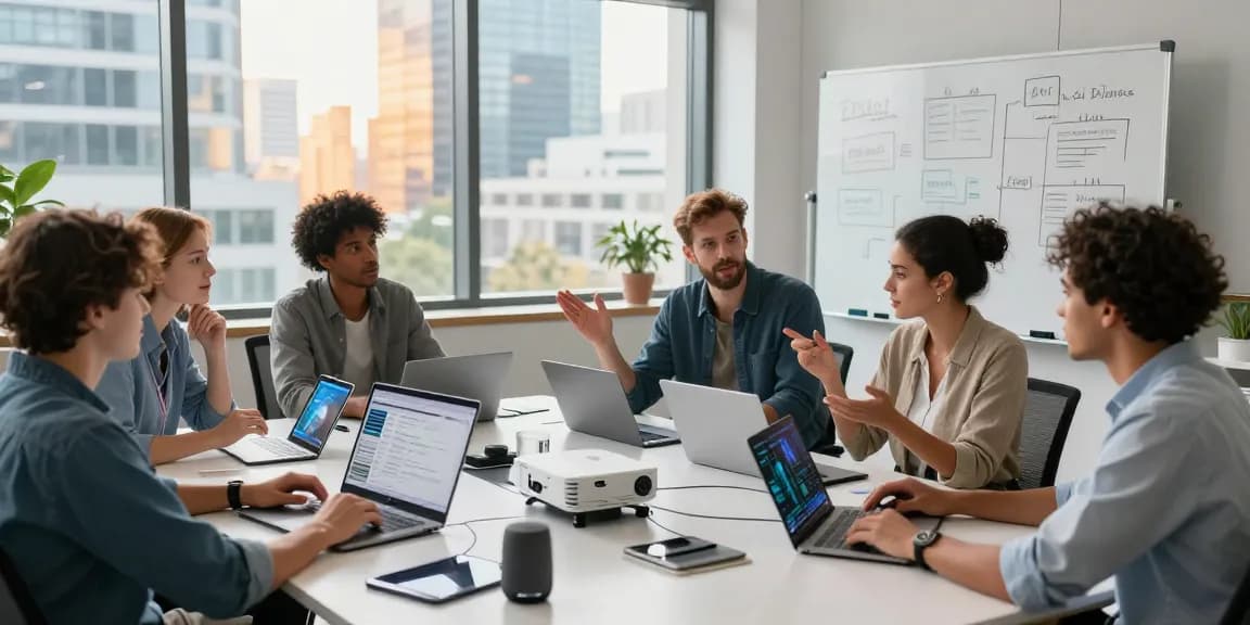 Diverse professionals collaborating on AI for business strategies in a modern office setting filled with tech gadgets.