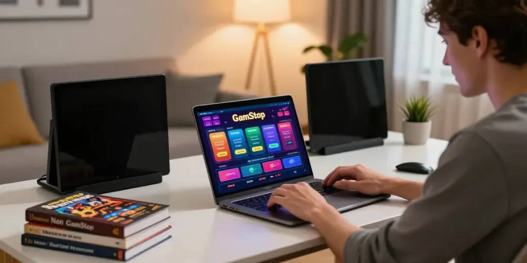 Engaged player at non gamstop casino on laptop in cozy home setting