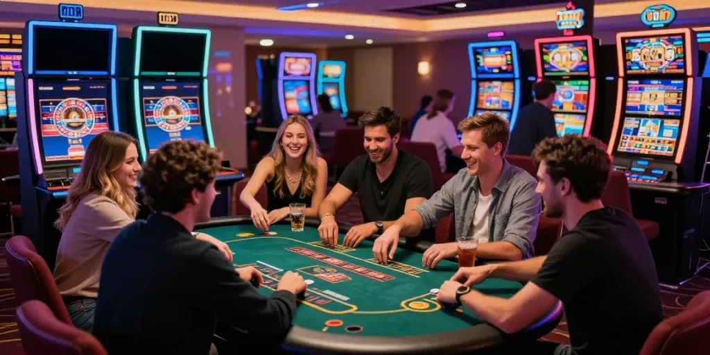 Exciting scene of a non gamstop casino with diverse players enjoying games amid colorful lights.