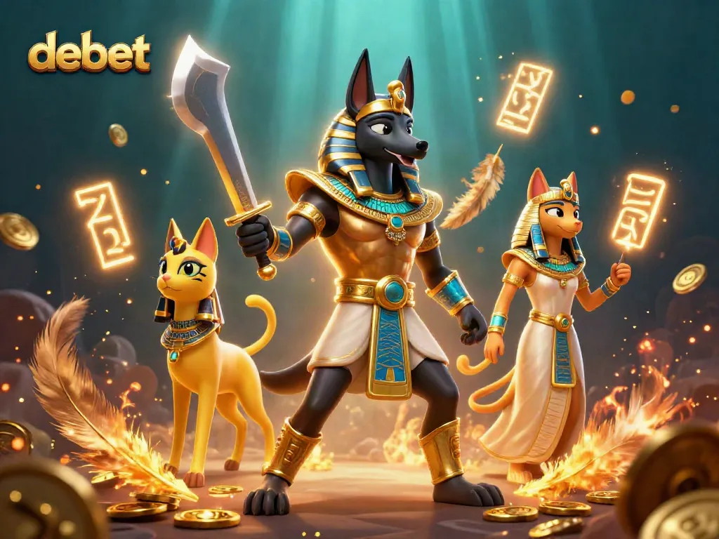 Engage in thrilling gambling with debet in a dynamic 3D casino scene featuring Anubis and Bastet.