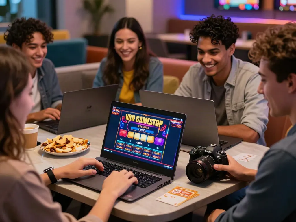 Friends enjoying games at a non gamstop casino in a lively lounge setting.