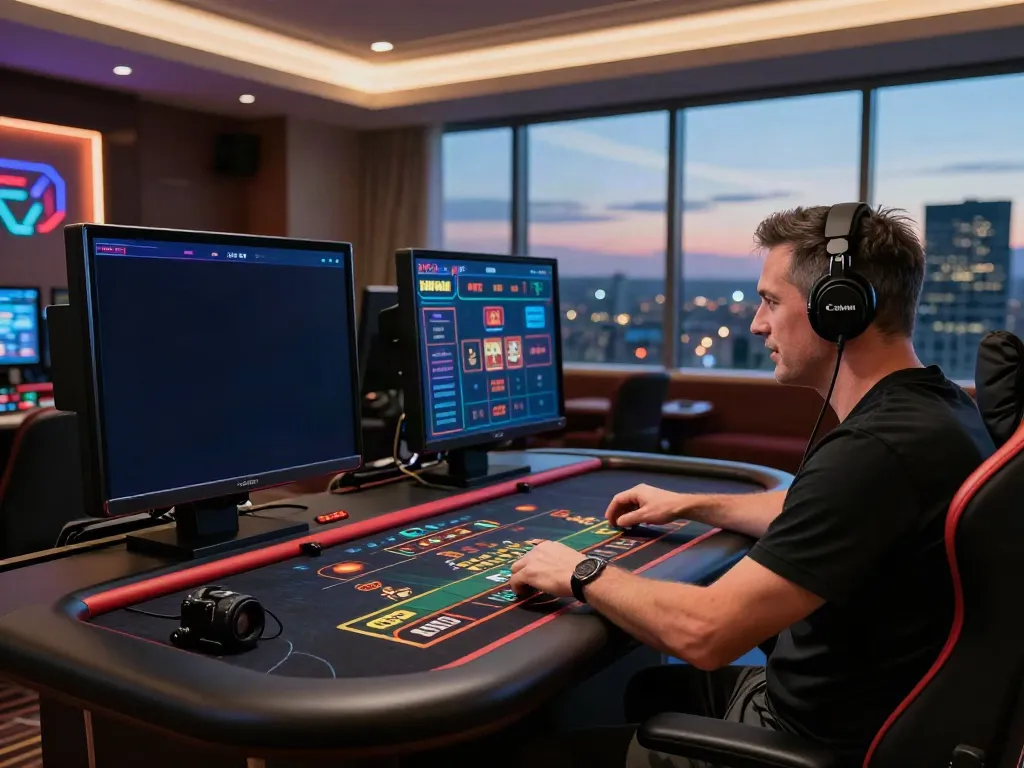 A player engaged in an exciting live dealer game at a non Gamstop casino with vibrant graphics and modern gaming setup.