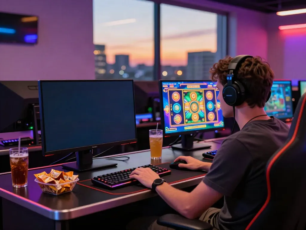 An engaging non gamstop casino gaming experience with a player at a colorful online slot.