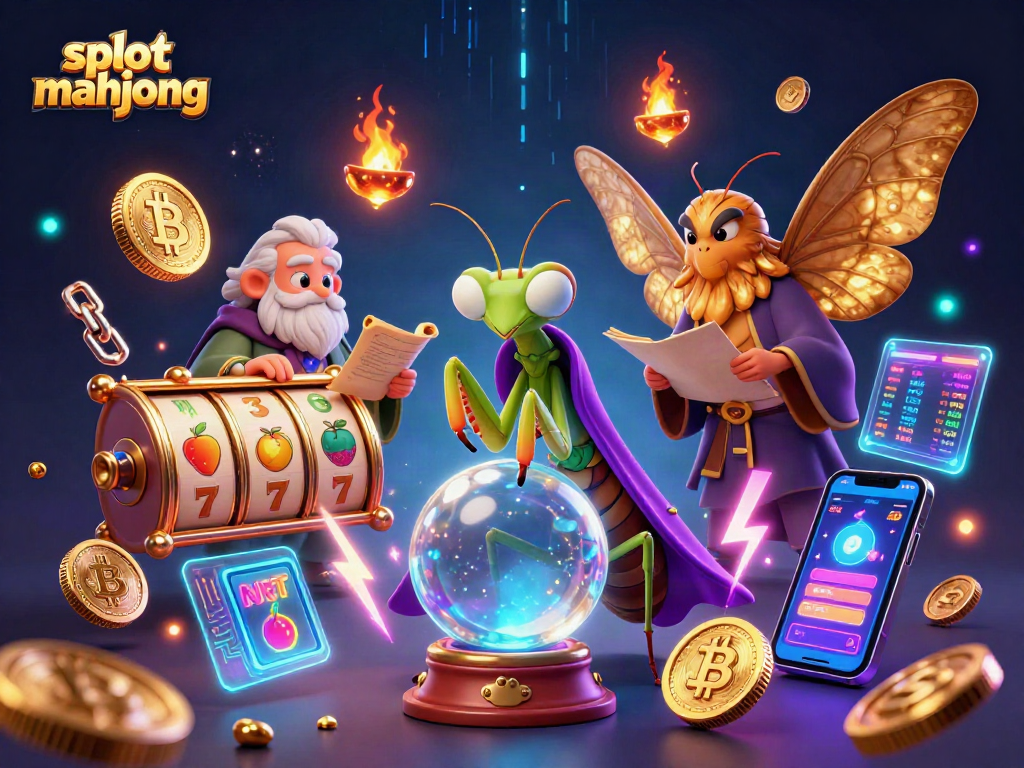 Engage in slot mahjong with vibrant characters surrounded by slot reels and cryptocurrency elements.