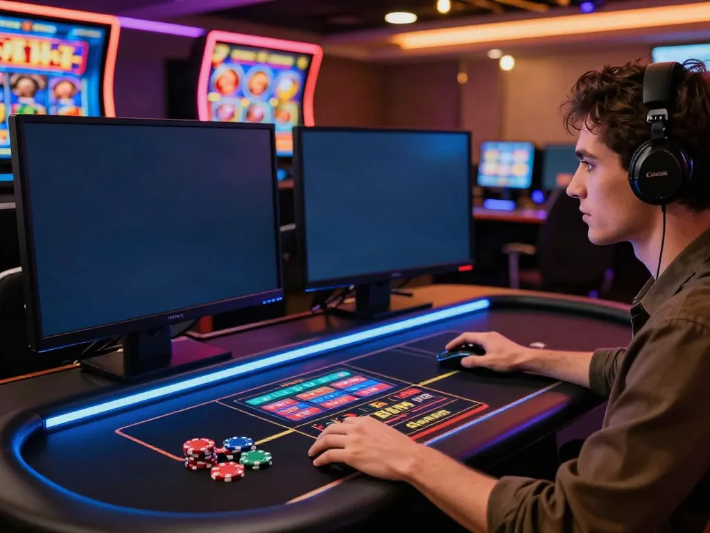 Engaging non Gamstop casino scene with a player at a dual monitor gaming desk