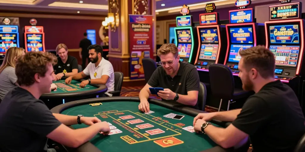 Diverse players enjoying games at a vibrant non Gamstop casino with neon lights.