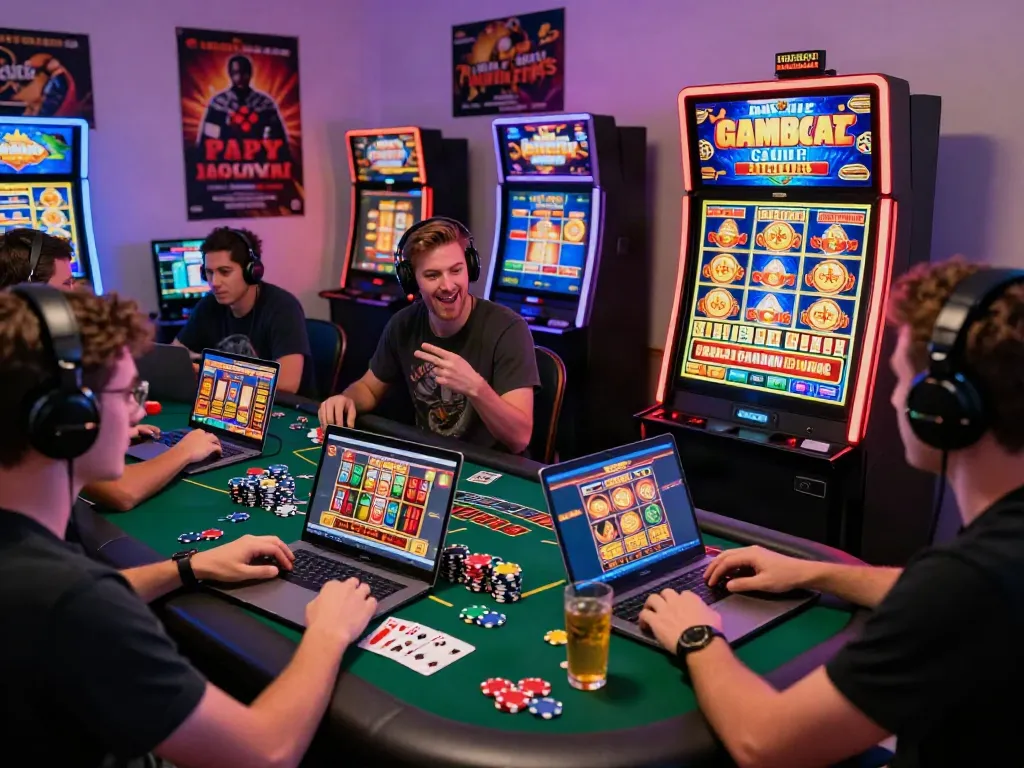 Exciting online gaming scene featuring players enjoying non GamStop casino games in an urban apartment.