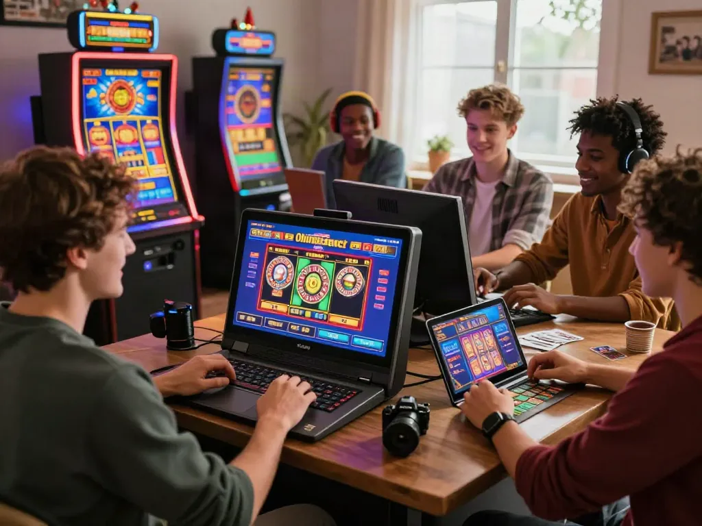 Engaging virtual gaming experience at a non gamstop casino with friends enjoying colorful slot machines and roulette.