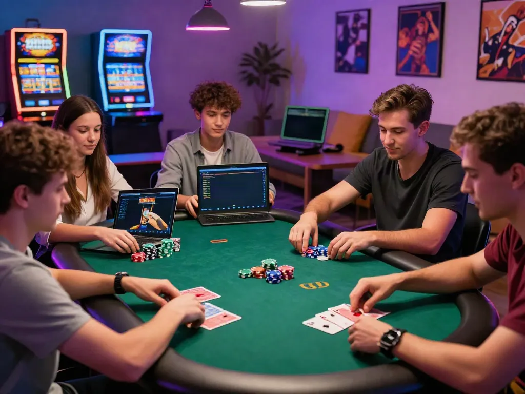 Friends enjoying poker games and online non gamstop casino platforms in a vibrant gaming environment