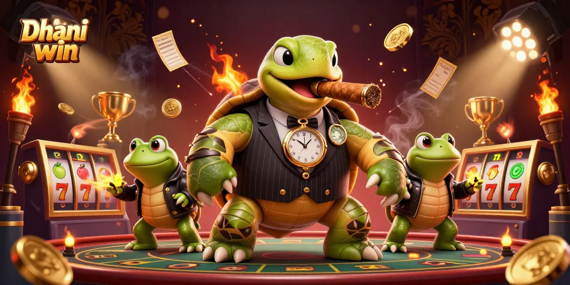 Dhani win showcases a 3D cartoon turtle in a mobster suit surrounded by slot reels and gold coins.