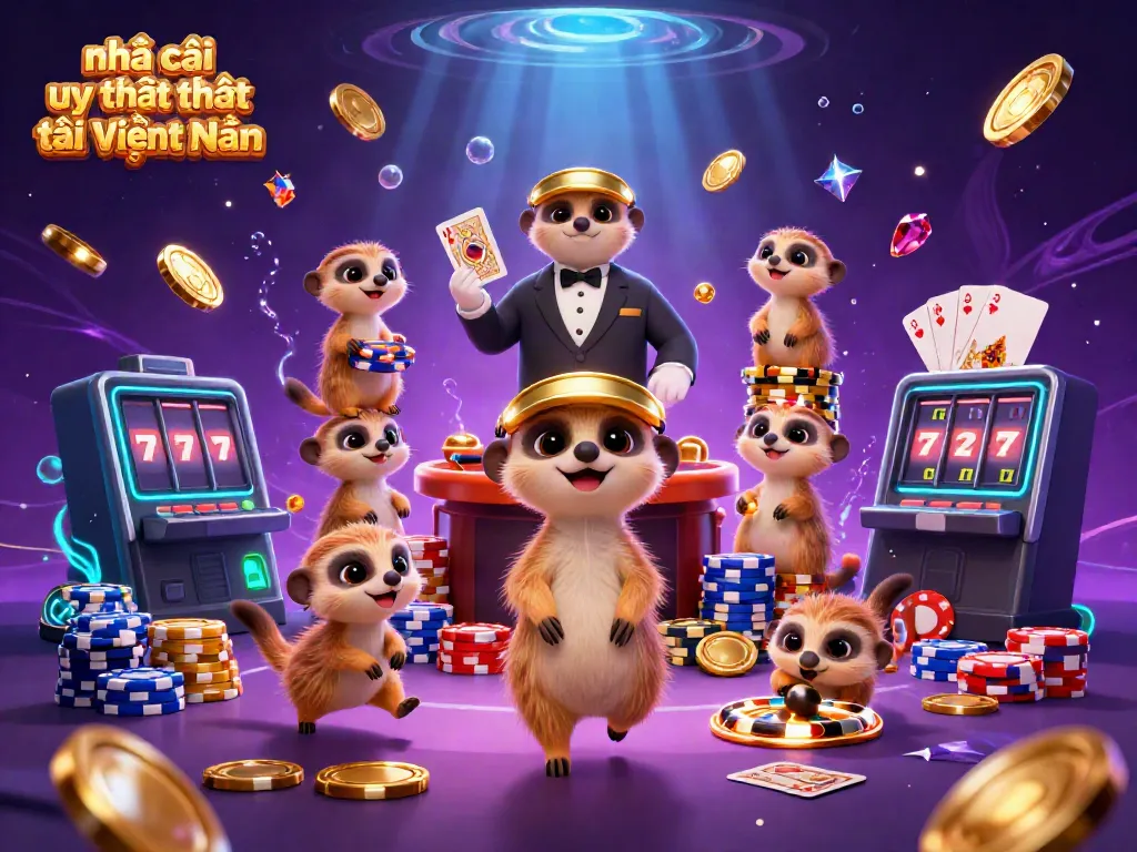 Engaging scene of a casino operation by meerkats illustrating nhà cái uy tín nhất tại Việt Nam with poker chips and roulette actions.