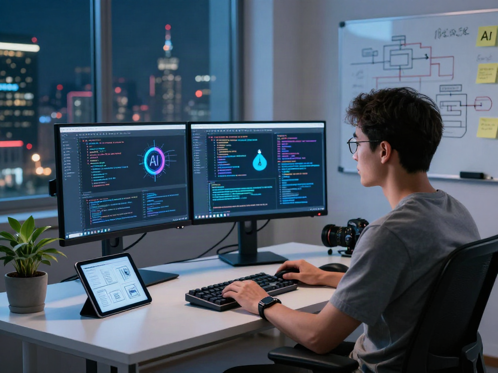 AI developer in a modern workspace showcasing spicy ai coding and vibrant AI model training.