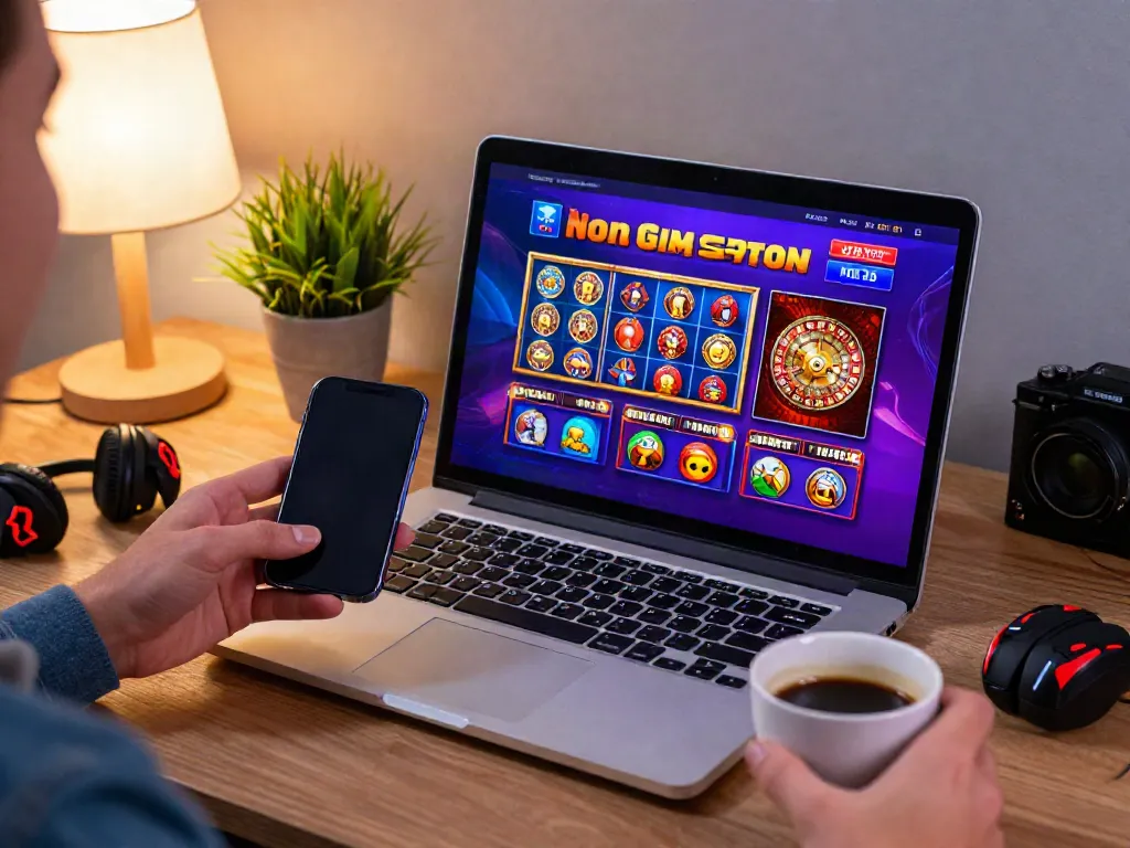Player engaging with a non Gamstop casino on a laptop, showcasing a vibrant gaming experience.