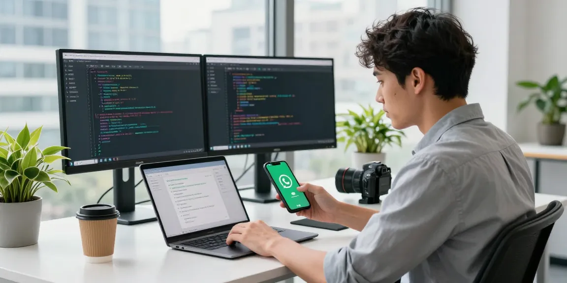 WhatsApp下載 app usage demonstration in a modern tech workspace with professional setup.