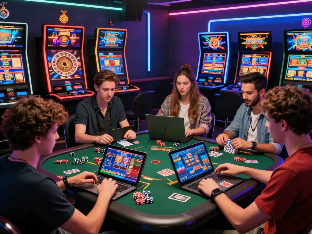 Engaged gamers enjoying non Gamstop casino experience in vibrant atmosphere.