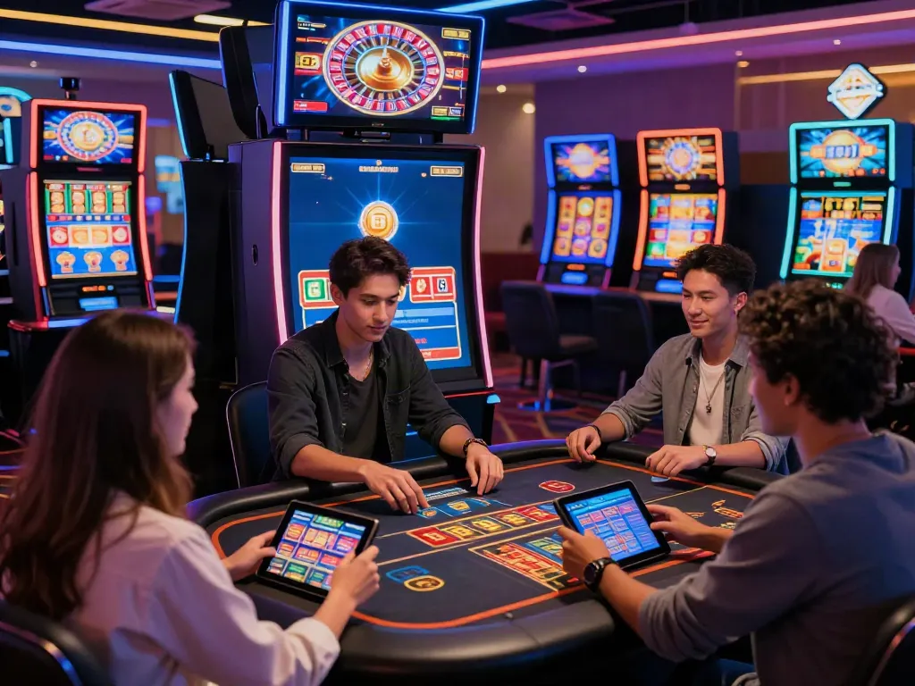 Engaging scene of friends playing non Gamstop casino games on an interactive digital platform, showcasing vibrant gaming atmosphere.