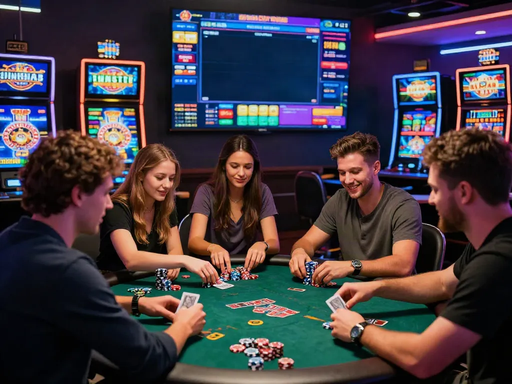 Engaging scene from a non gamstop casino showing players enjoying various table games and bright neon lights