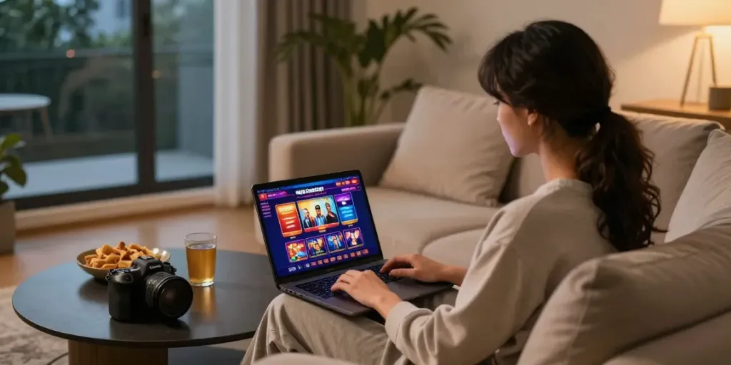 A person enjoying a non Gamstop casino gaming experience at home with snacks and drinks