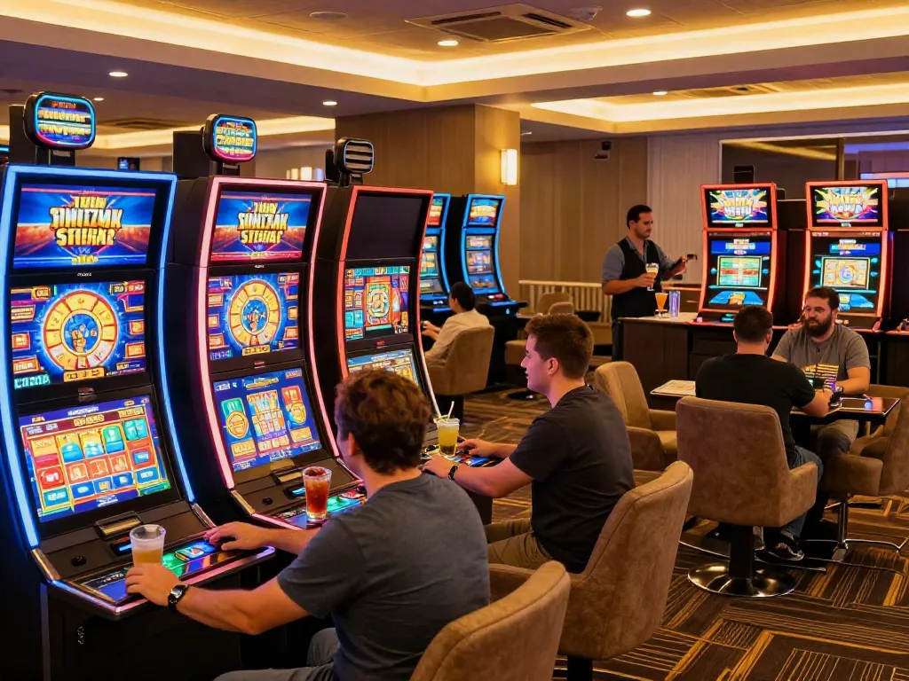 Exciting non Gamstop casino scene with players enjoying games in a modern lounge.