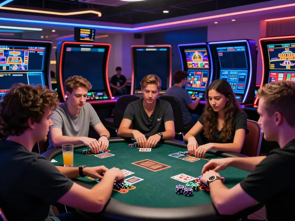 Exciting non GamStop casino scene with diverse players enjoying live games in a vibrant digital gaming lounge.