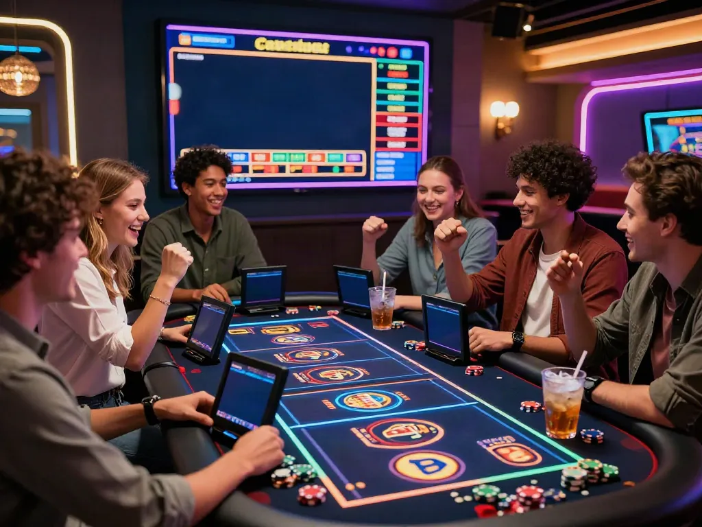 Exciting non Gamstop casino gaming scene with friends enjoying digital tables