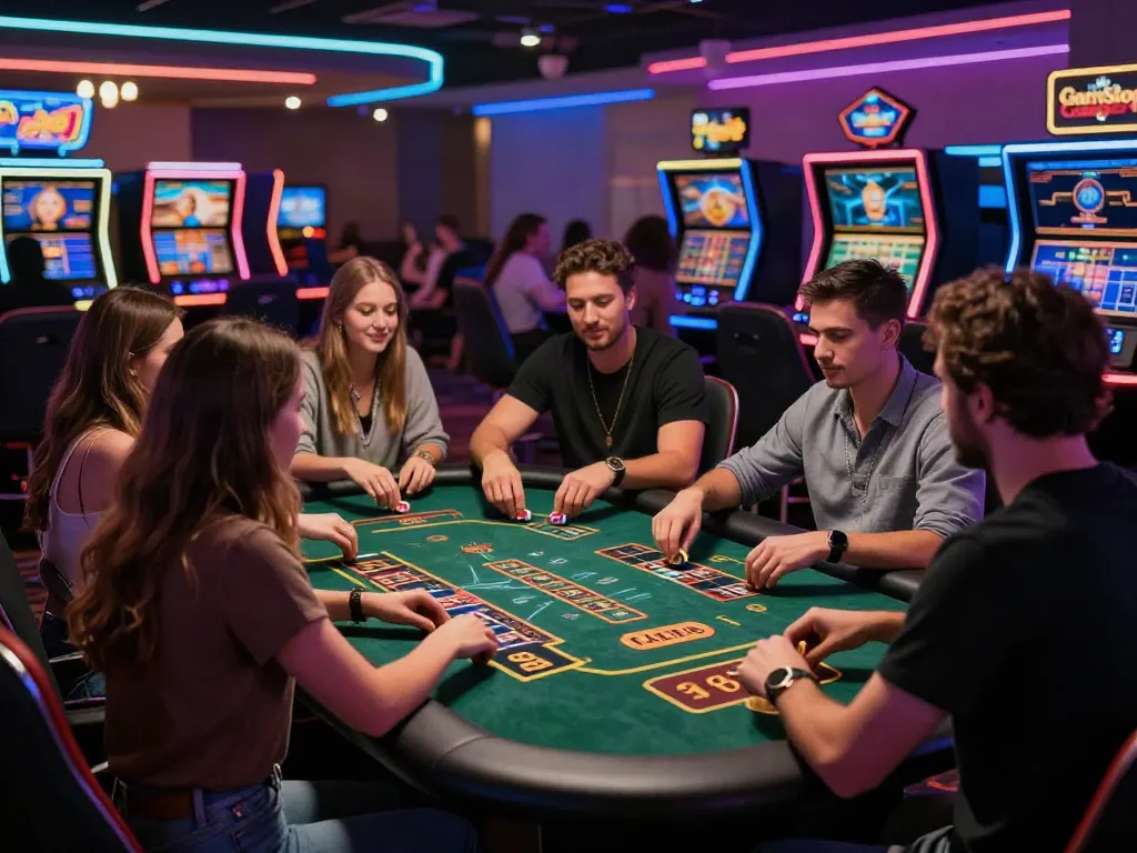 Diverse friends enjoying games at a non gamstop casino with colorful ambiance and lively atmosphere.