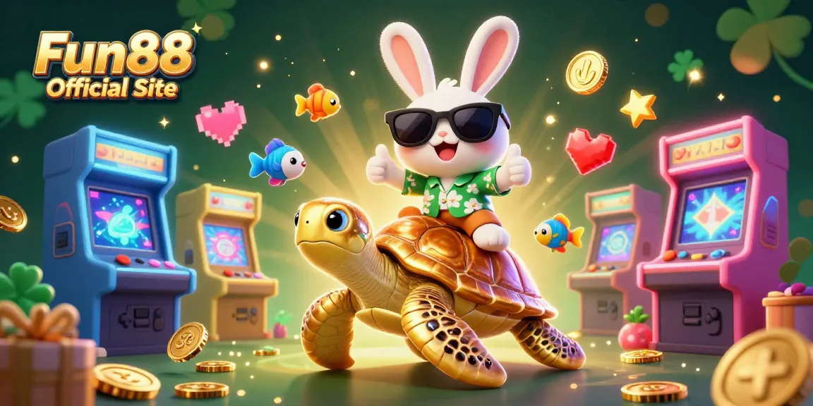 Experience the thrills at Fun88 Official Site with this vibrant casino-themed illustration featuring a lucky rabbit and golden sea turtle.