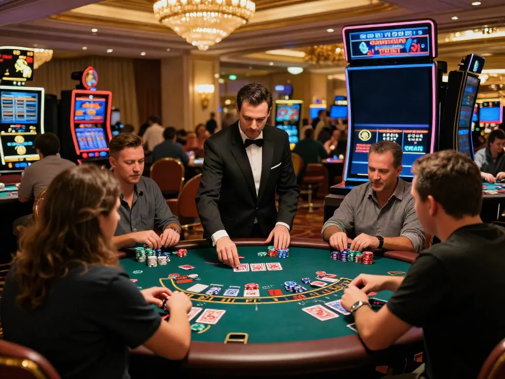 Players enjoying games at a lively non Gamstop casino, showcasing excitement and engagement in a luxurious setting.
