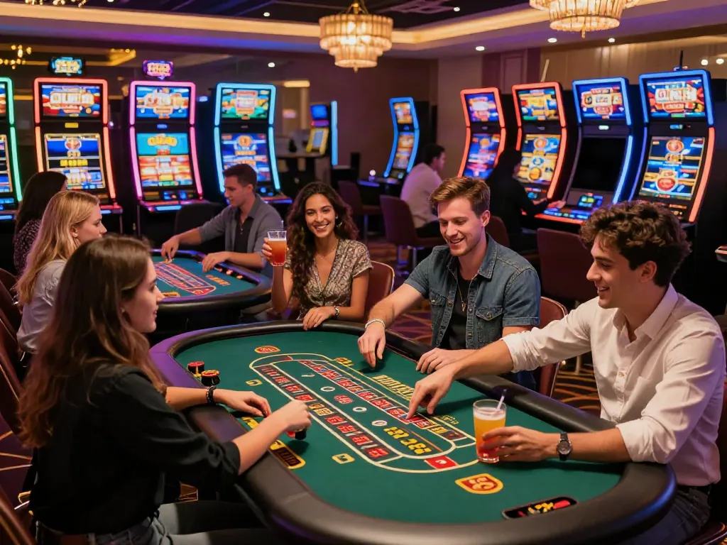 Friends celebrating at a non gamstop casino, enjoying gaming tables and vibrant atmosphere.
