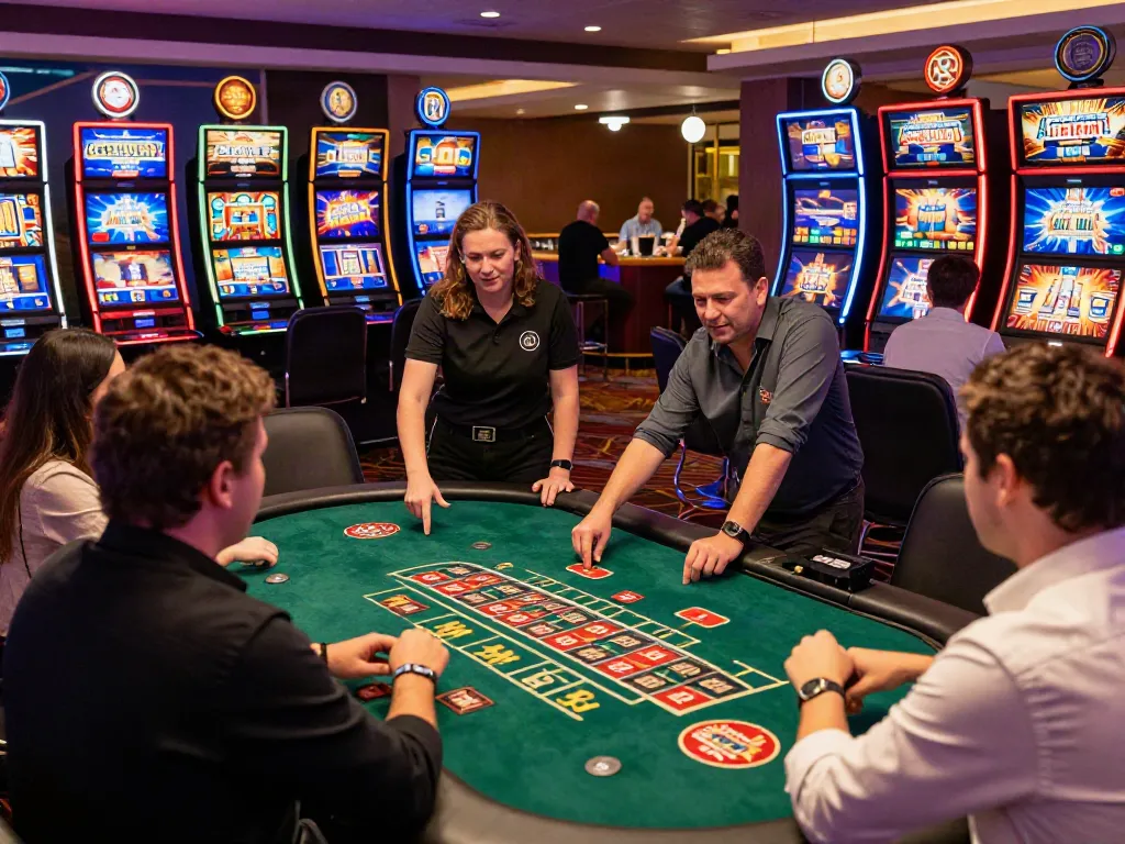 Exciting atmosphere at a non Gamstop casino with players engaged in games and colorful lights.