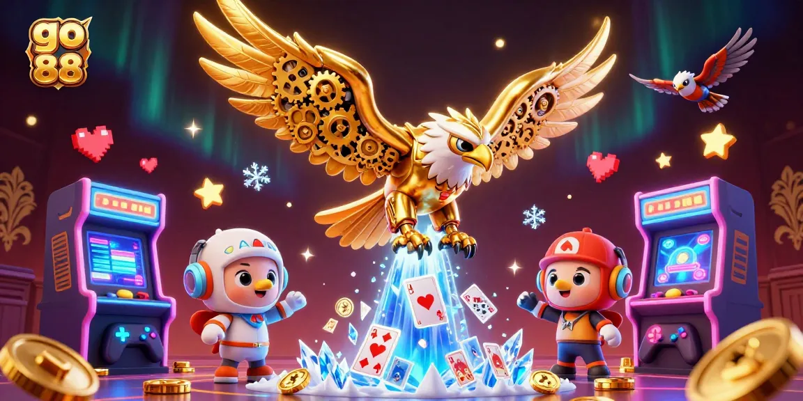 Experience exhilarating gambling action with Go 88's cybernetic eagle in this vibrant 3D casino illustration.