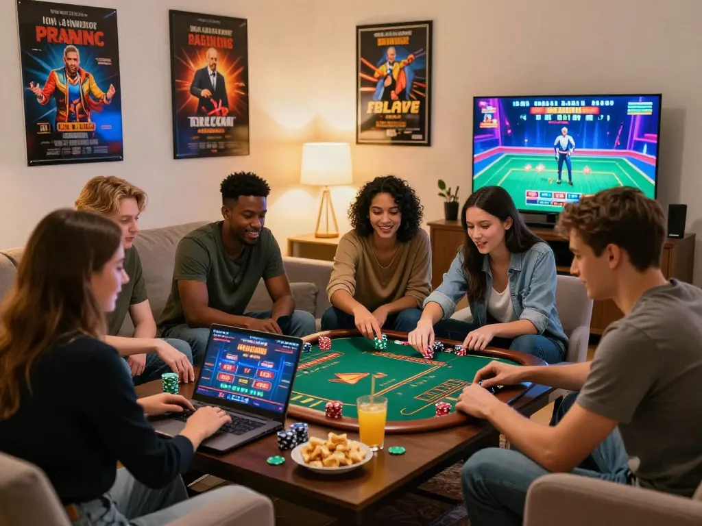 Social gaming night with friends enjoying non GamStop casino games on a laptop, vibrant atmosphere.