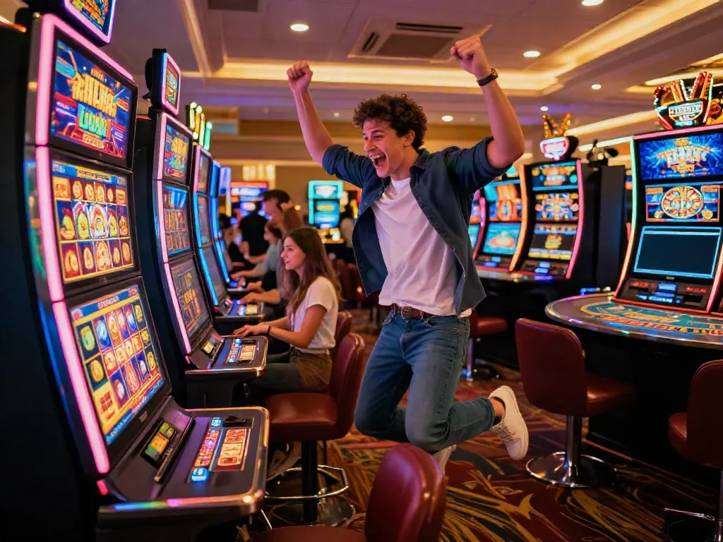 Excited player celebrating a win at a non Gamstop casino with colorful slot machines and a lively atmosphere.