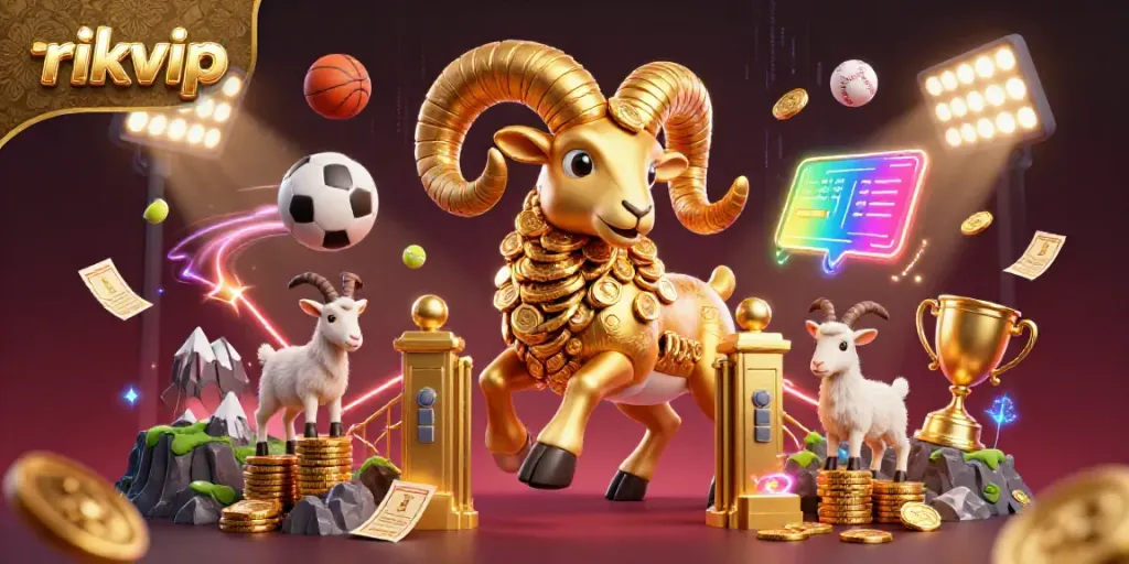 Experience the excitement of rikvip as the charging golden ram symbolizes winning in a vibrant casino setting.
