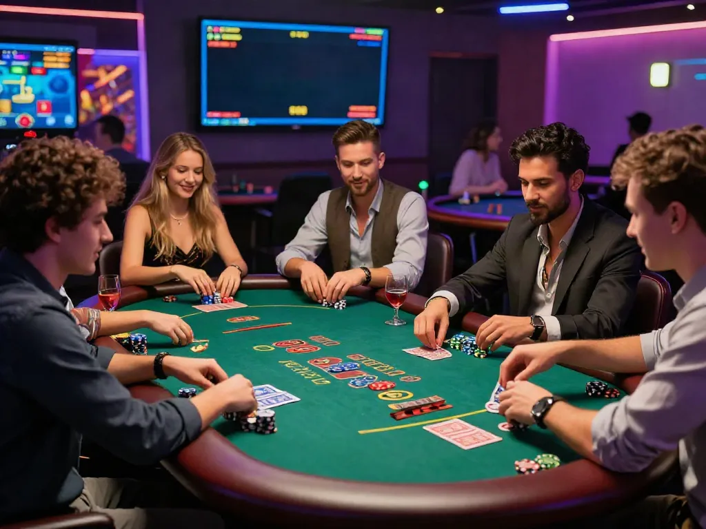 Thrilling gaming scene at a non GamStop casino with friends enjoying poker and blackjack.