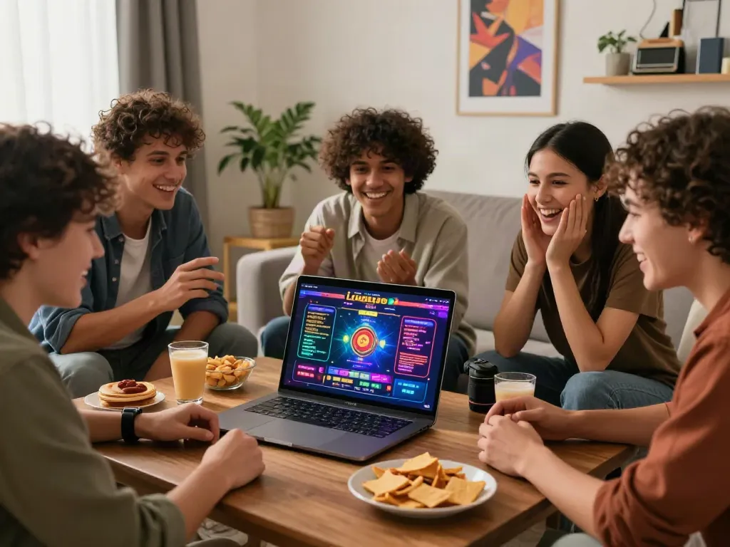 Friends enjoying an exciting gaming session at a non gamstop casino in a cozy living room.