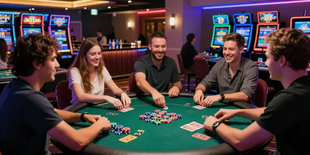 Players celebrating a win at a non gamstop casino table with lively atmosphere.