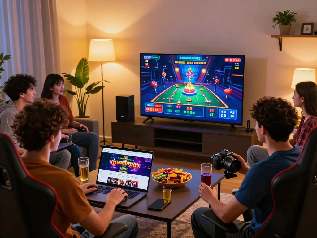 Group enjoying a non Gamstop casino game night in a cozy living room, showcasing gaming gear and vibrant atmosphere.