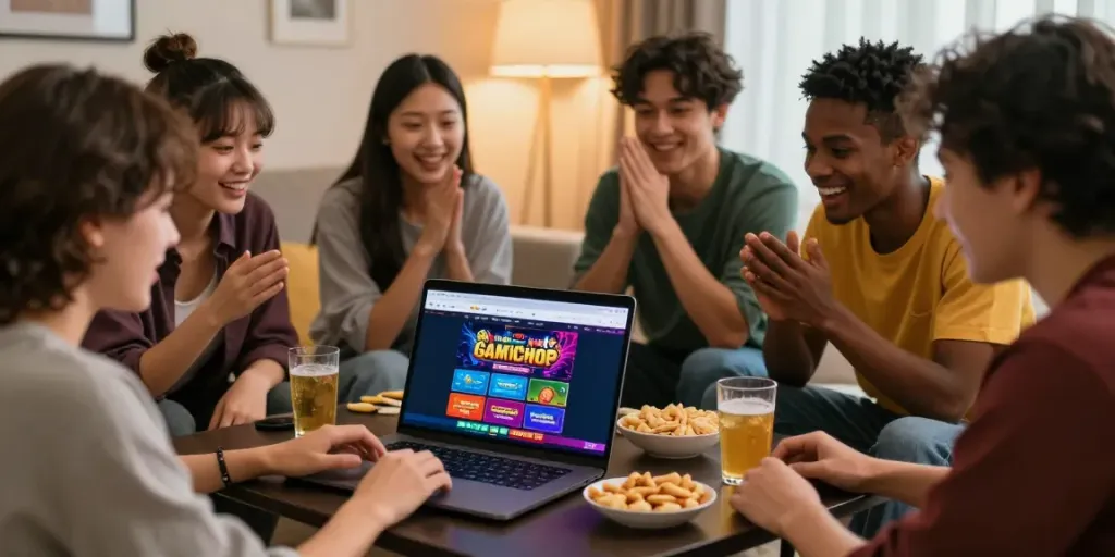 Group of friends enjoying a non gamstop casino gaming session together in a cozy living room.