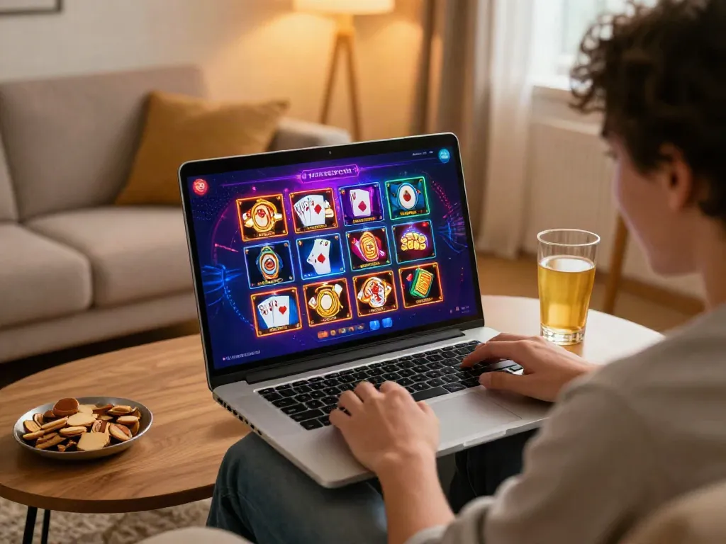 Excited player enjoying a non Gamstop casino game in a cozy living room.