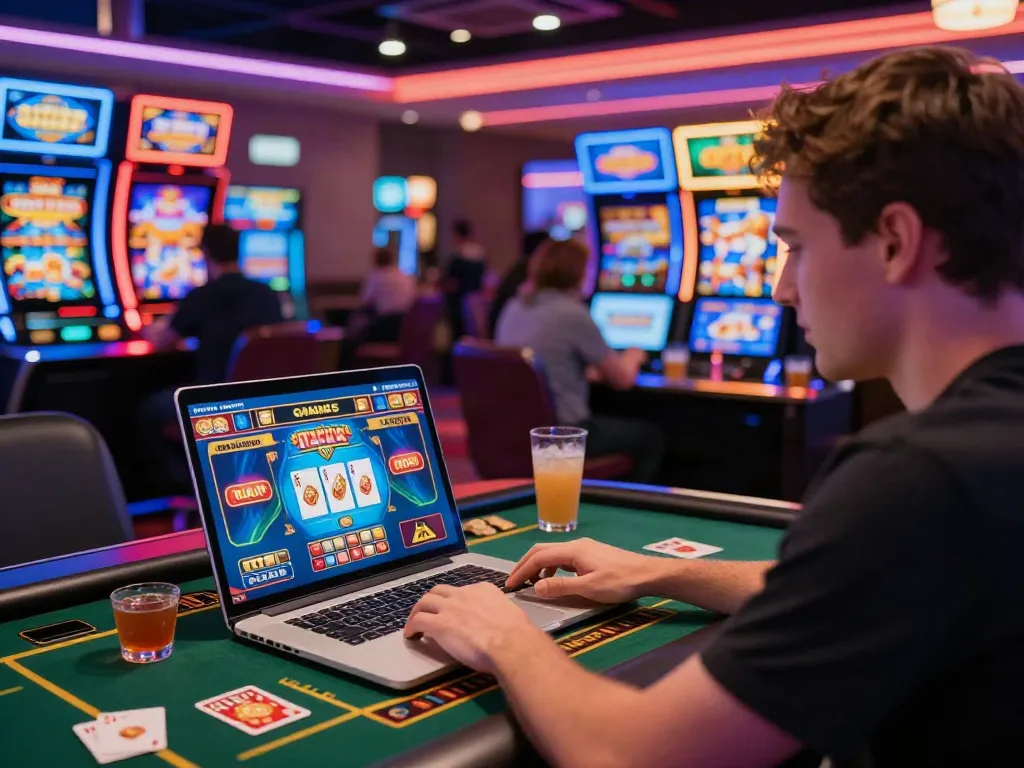 Player enjoying a game at a non Gamstop casino surrounded by vibrant graphics.