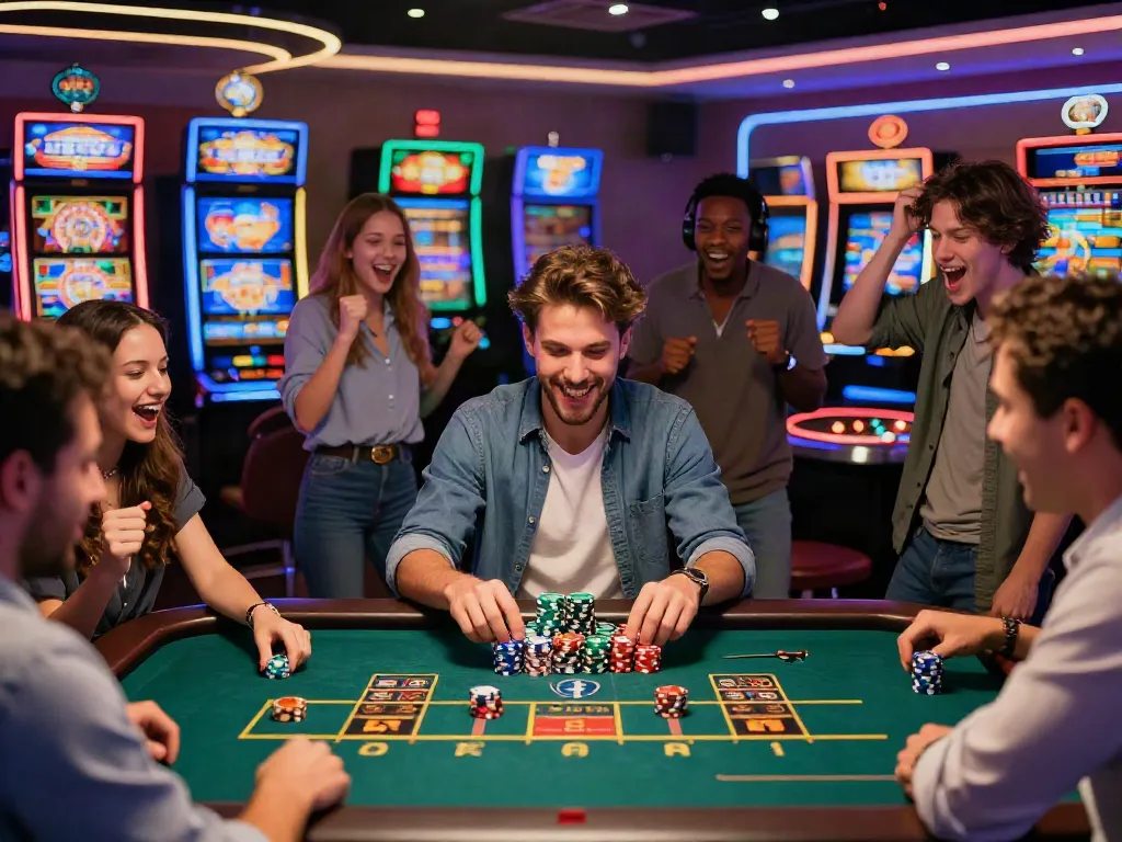 Diverse group celebrating at a non Gamstop casino, vibrant atmosphere with games and cheers.