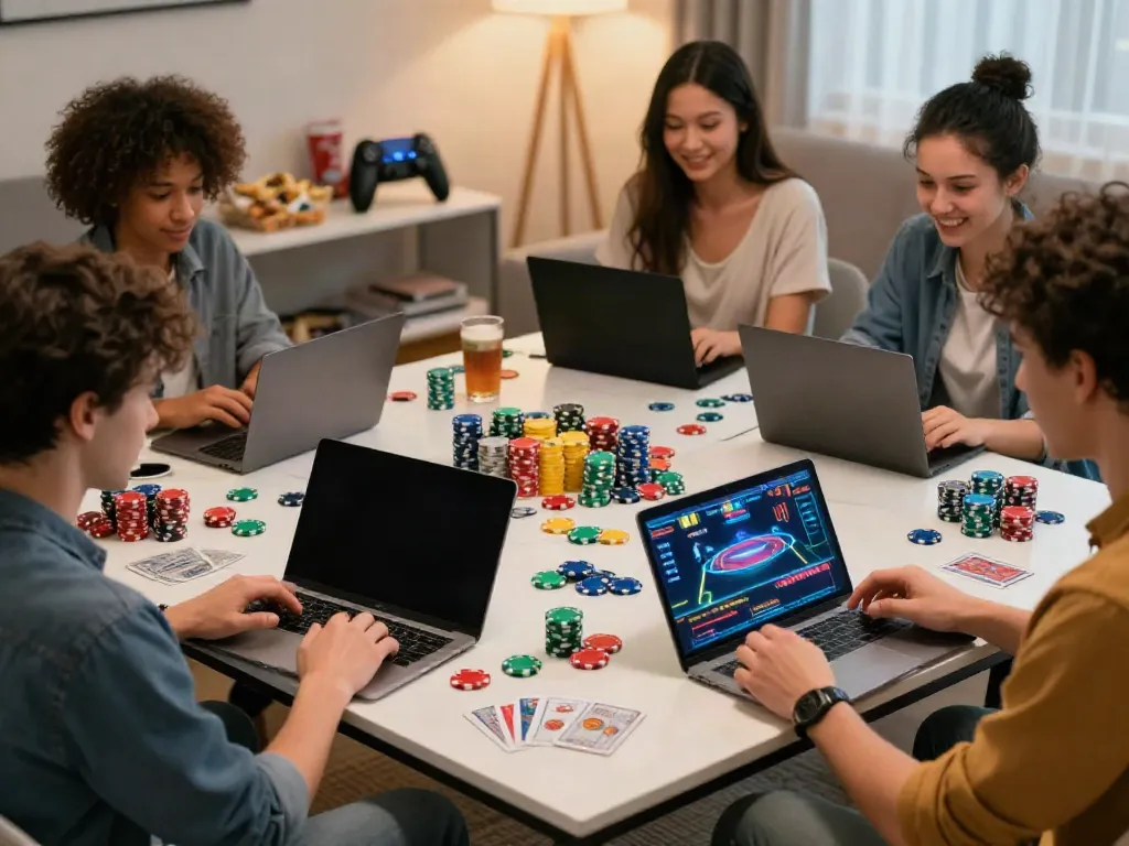 Group enjoying non gamstop casino games at home with chips and cards.