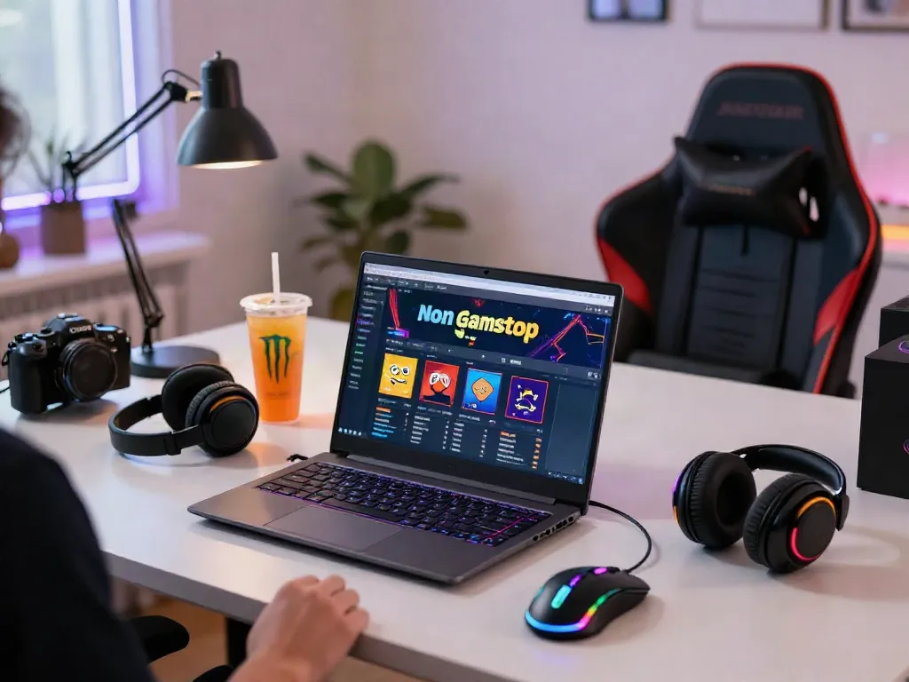 Player engaging with non Gamstop casino games at a vibrant home setup