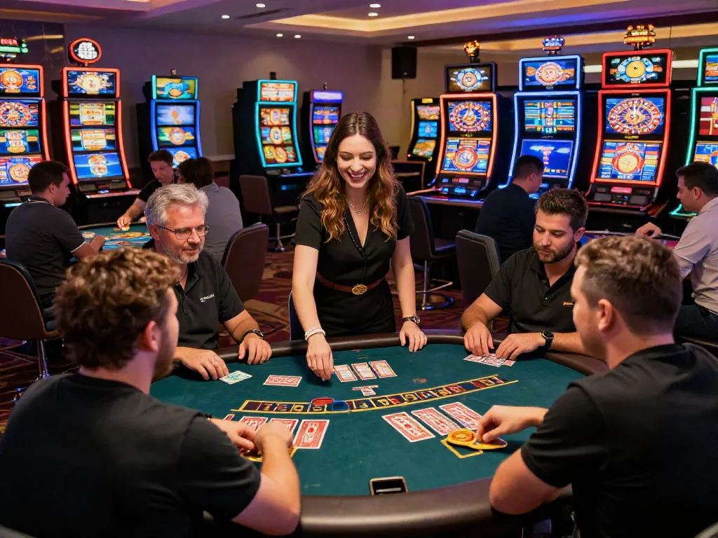 Players enjoying games at a non Gamstop casino, vibrant atmosphere with dealer interaction.