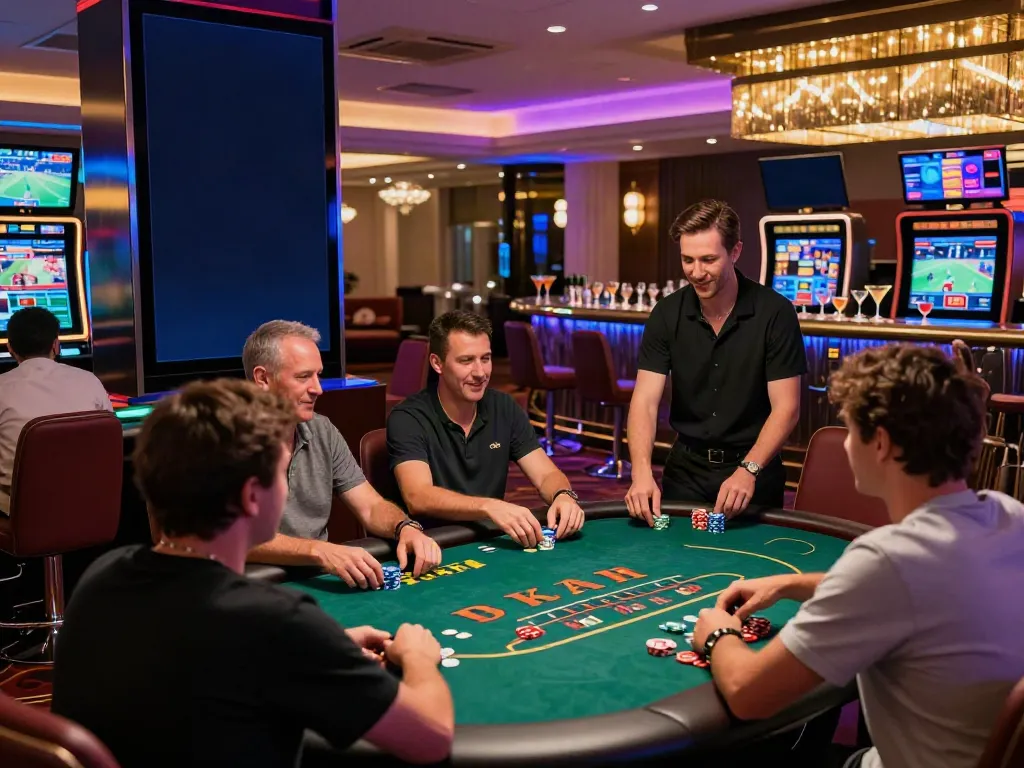 Exciting non GamStop casino scene with players at tables enjoying games under vibrant lighting.