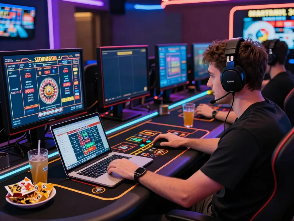 Dynamic gaming experience at a non gamstop casino with player at desk.