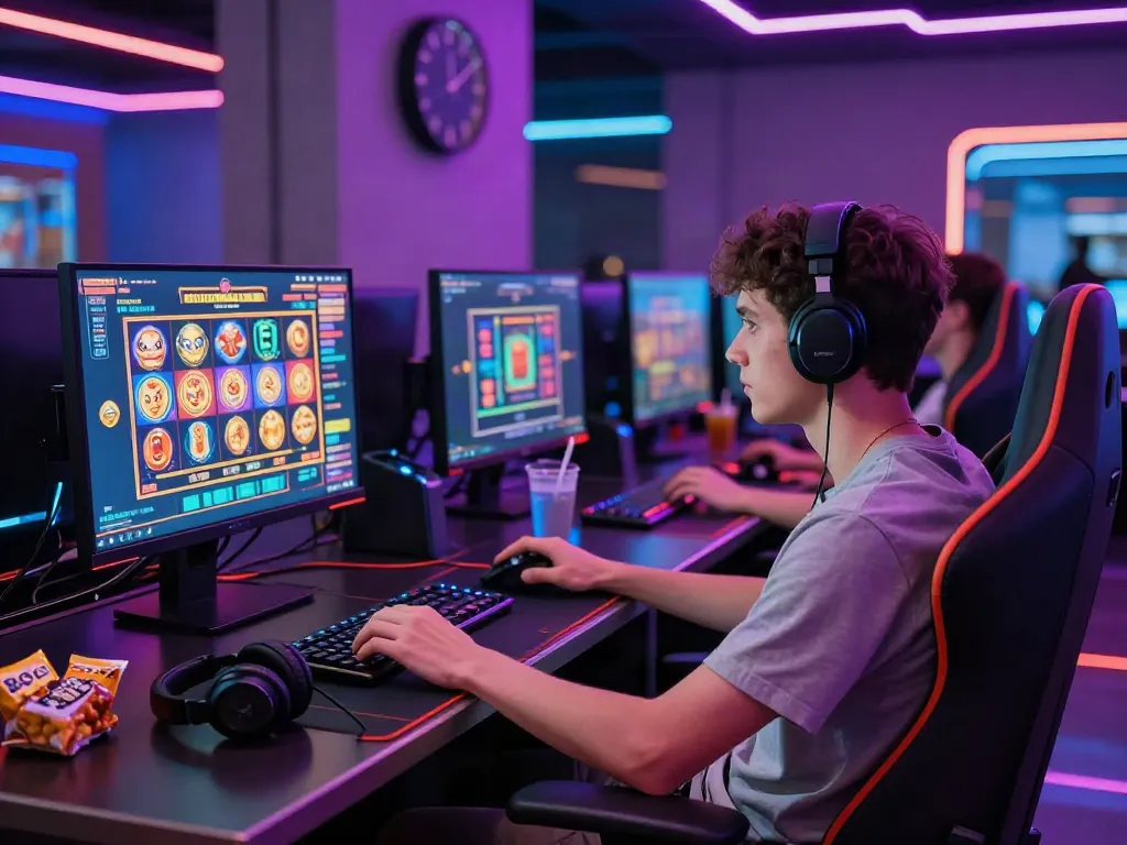 Player enjoying a thrilling experience at a non GamStop casino, gaming setup with snacks.