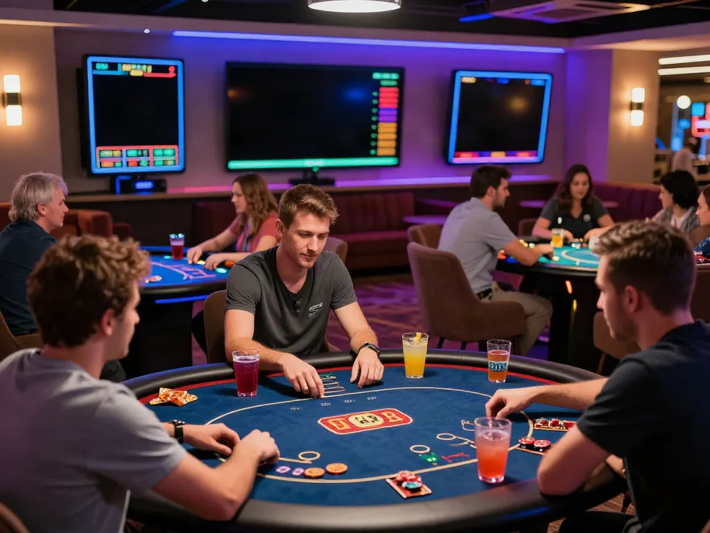 Players at a non gamstop casino enjoying games in a lively lounge.