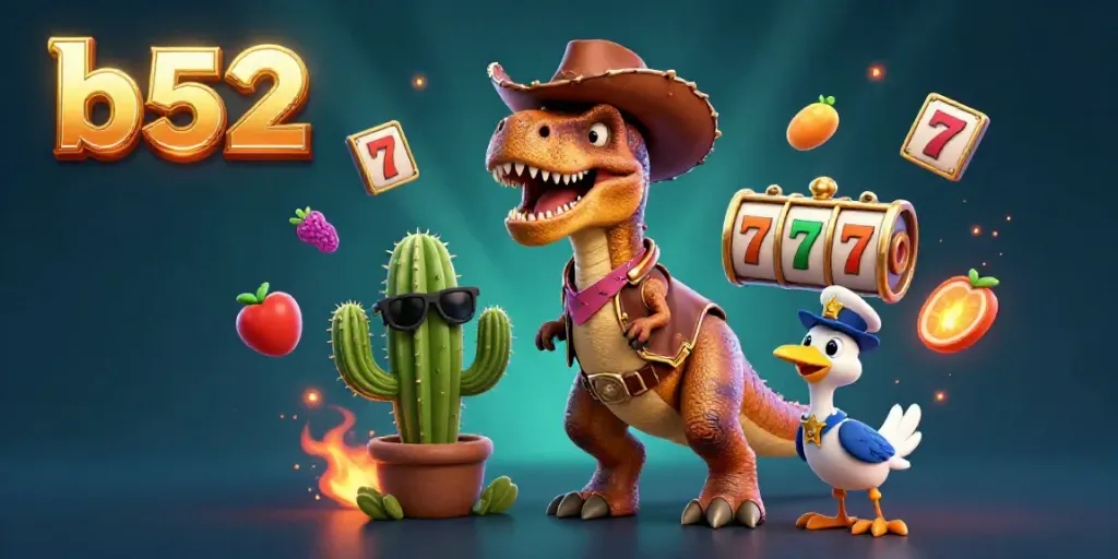 Experience thrilling gameplay at b52 with a vibrant T-Rex engaging with gaming symbols for top prizes.